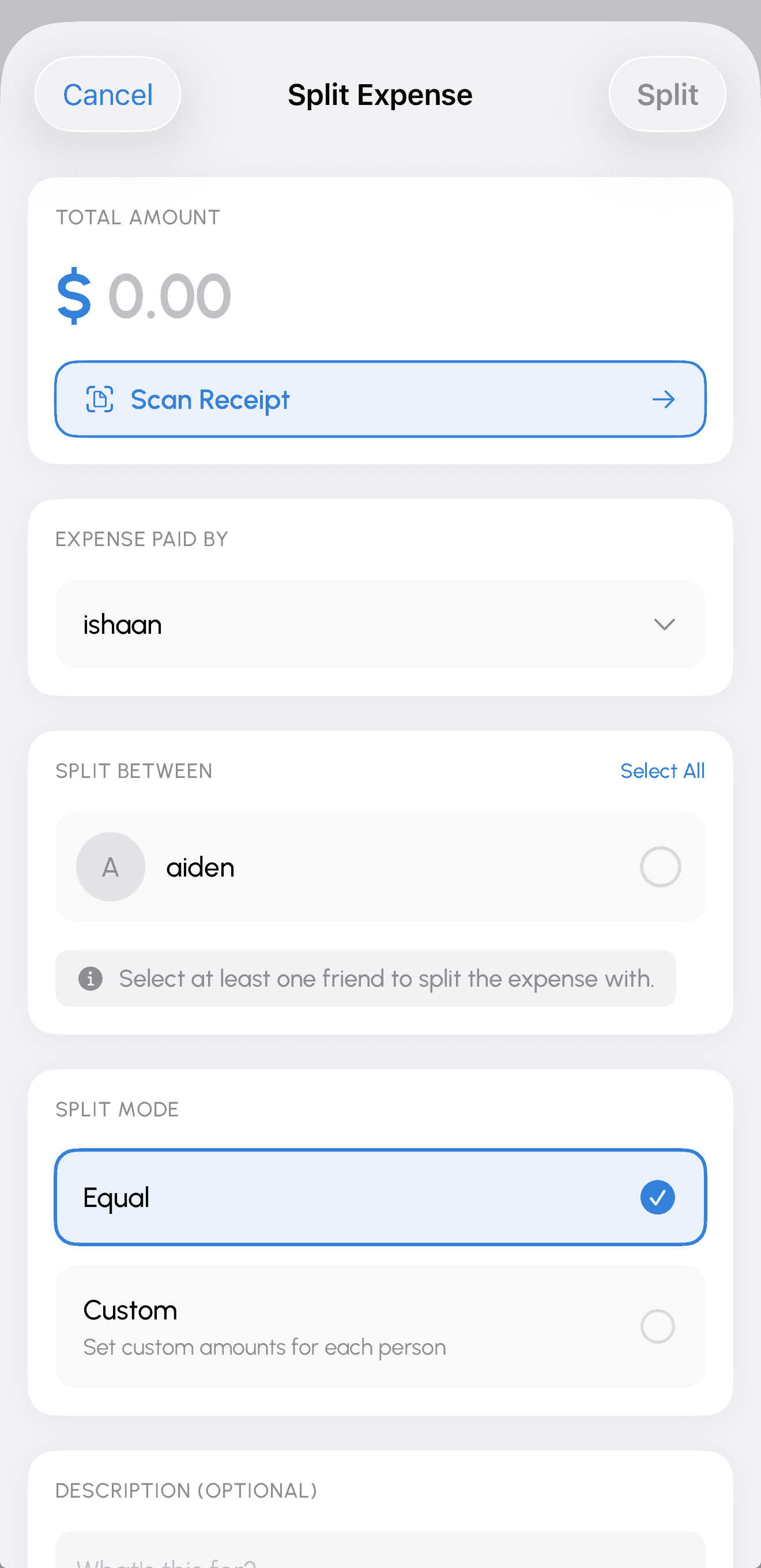 Reclaim split expense screen with receipt scan and split mode